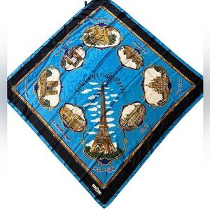 J Mico Sancho Paris scarf  blue gold polyester 34 x 34 in. Souvenir de Paris